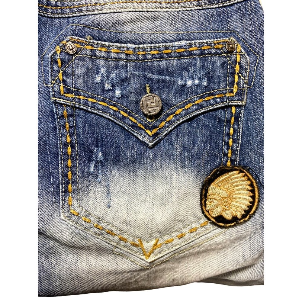 CJ Black Jeans Men 32x32 Big Hit Back Pockets Deco Button Distressed Indian Head - Picture 3 of 8